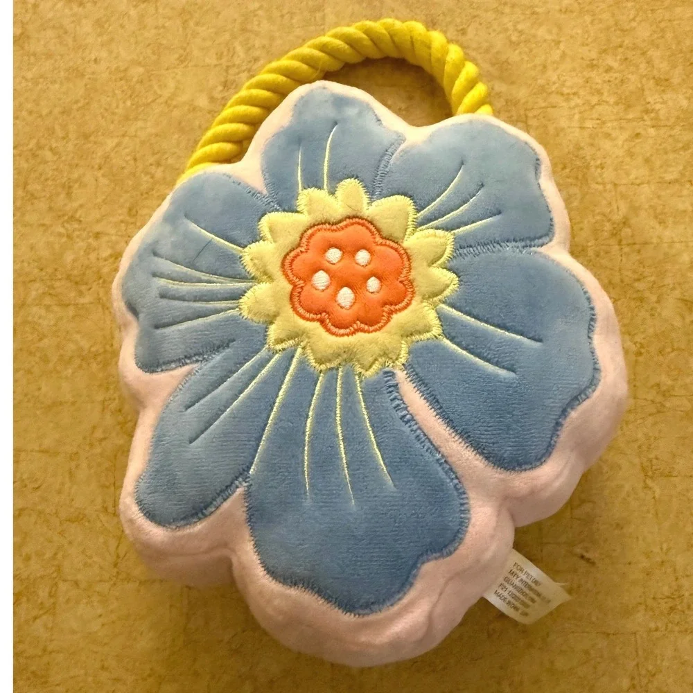 Pink Blue Flower Plush Pet Dog Toy with Yellow Rope‎ Handle